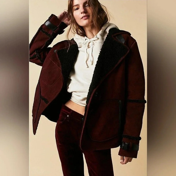 New‎ Free People Cassidy Cozy Jacket SUEDE SHERPA $698 XS Burgundy & Black - Picture 3 of 16
